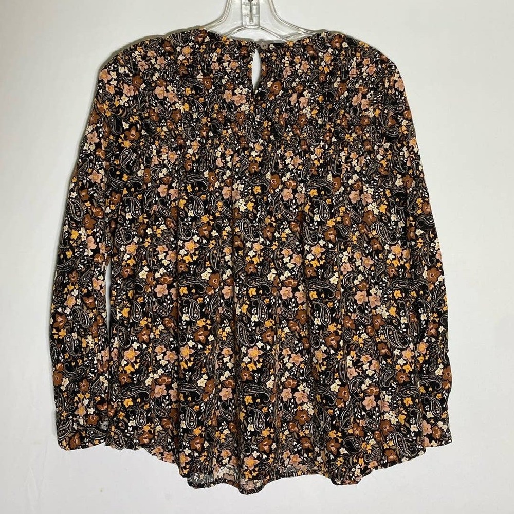J. Jill Womens Floral Paisley Smocked Long Sleeve Blouse Black Brown Petite S - Picture 5 of 12
